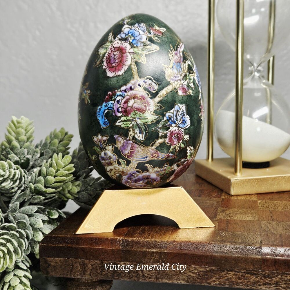 Vtg Ceramic Hand Painted Floral Asian Egg Green Enameled Gold W Free Wood Stand